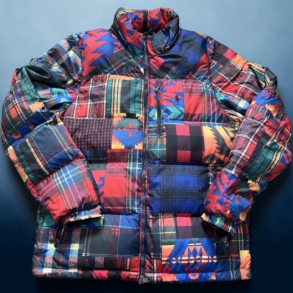 Polo Ralph Lauren Base Camp Patchwork Ripstop Down Puffer Jacket M Aztec Plaid
